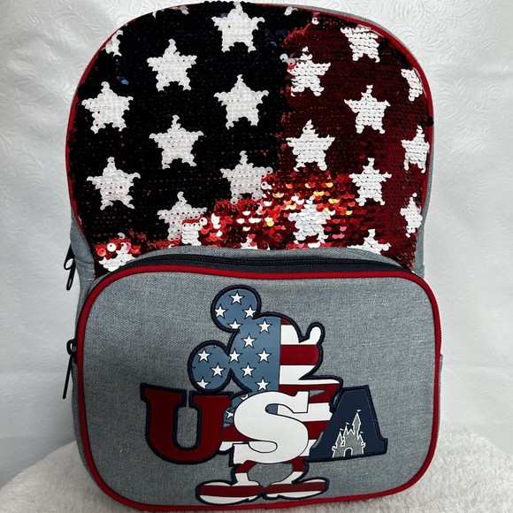 Disney Mickey Mouse USA Americana Reversible Sequin Patriotic Flag Backpack - Picture 1 of 11